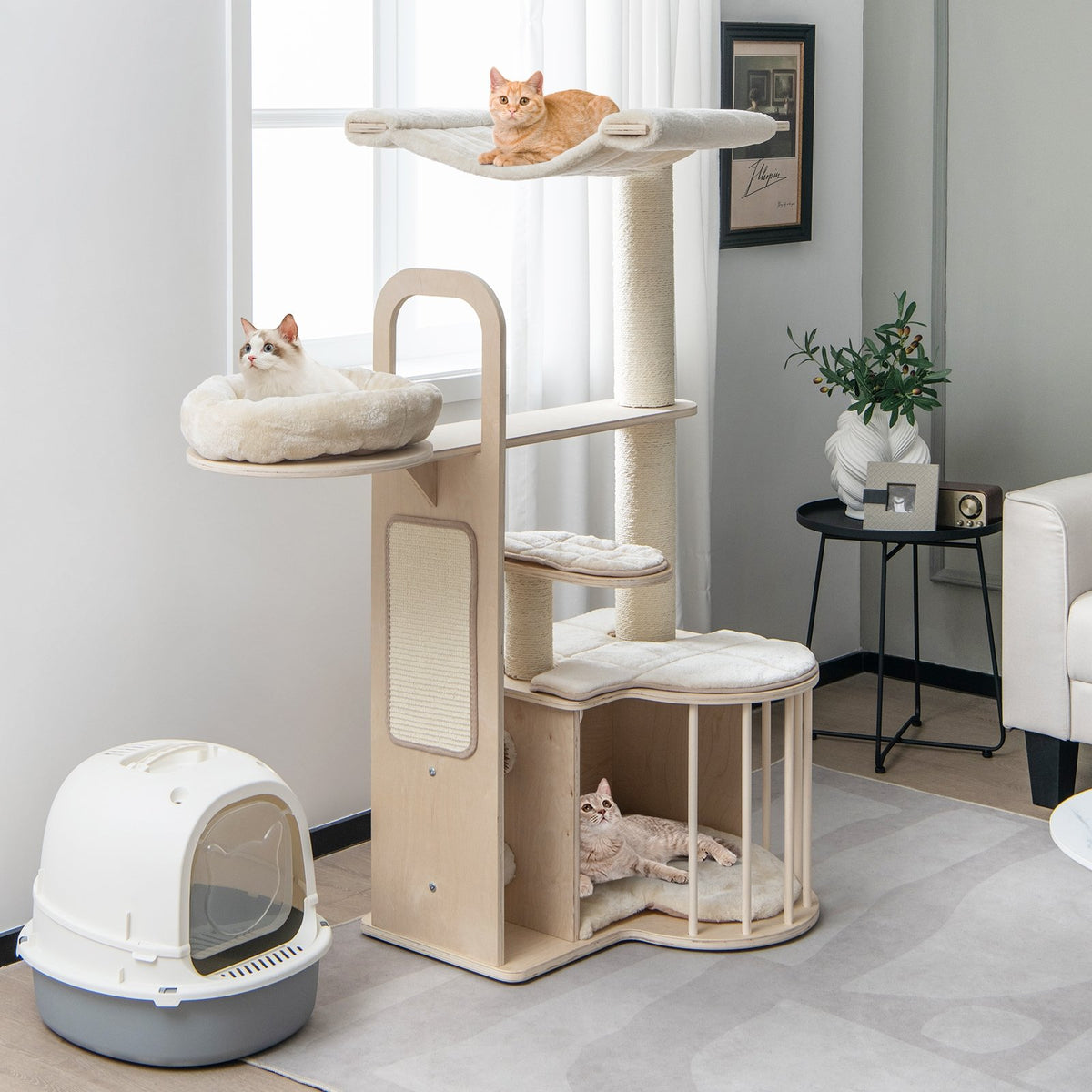 55 Inch Tall Multi-Level Cat Tree with Washable Removable Cushions-Natural view 2