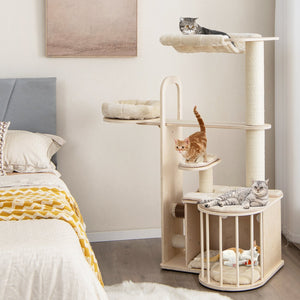 55 Inch Tall Multi-Level Cat Tree with Washable Removable Cushions-Natural view 3