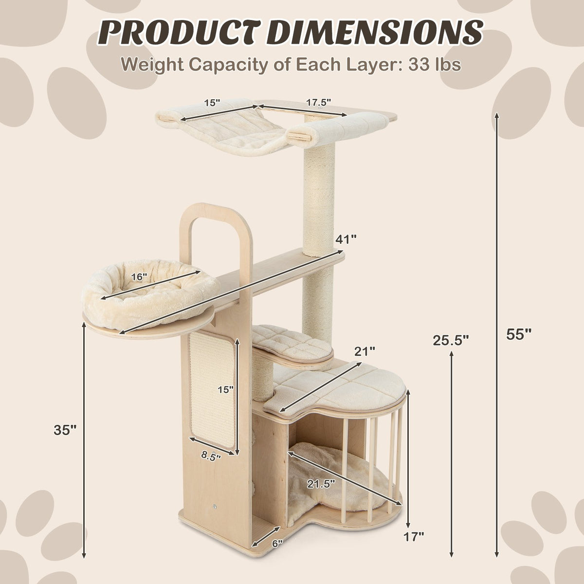 55 Inch Tall Multi-Level Cat Tree with Washable Removable Cushions-Natural view 5