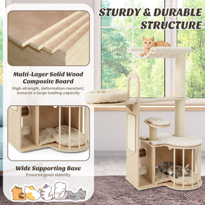 55 Inch Tall Multi-Level Cat Tree with Washable Removable Cushions-Natural view 6