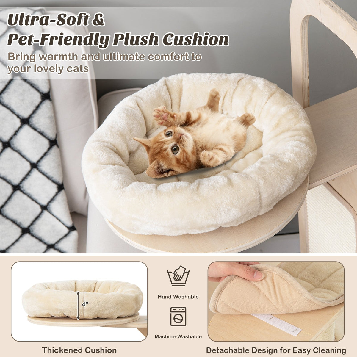55 Inch Tall Multi-Level Cat Tree with Washable Removable Cushions-Natural view 8