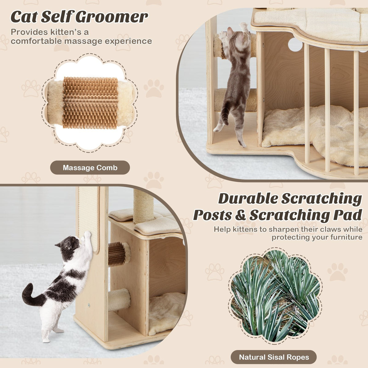 55 Inch Tall Multi-Level Cat Tree with Washable Removable Cushions-Natural view 9