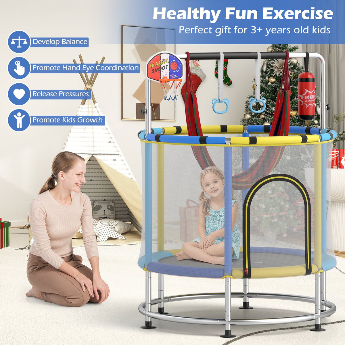 55 inches Kids Trampoline Gift for for 3-6 Years Old Boys and Girls-Navy view 9