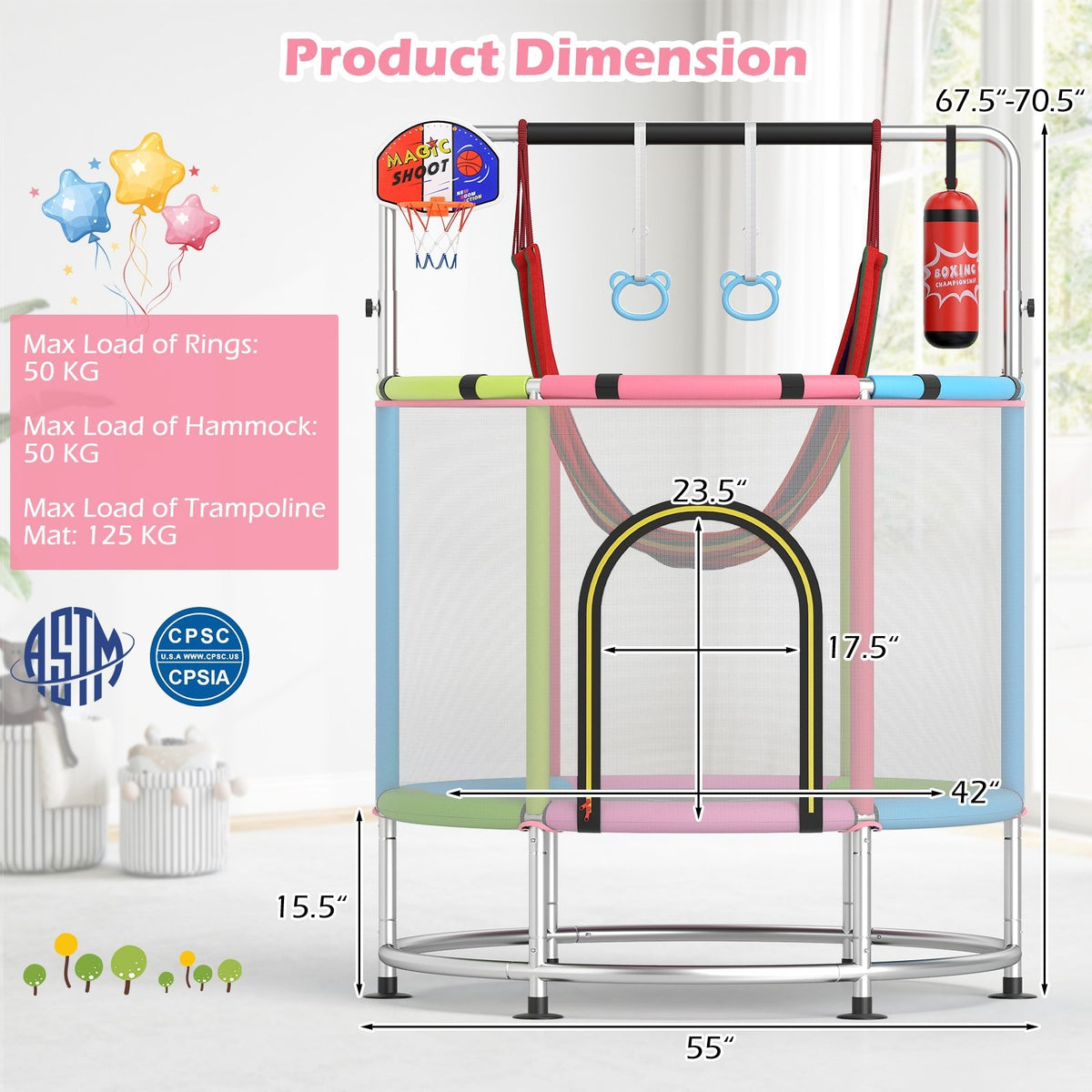 55 inches Kids Trampoline Gift for for 3-6 Years Old Boys and Girls-Pink view 3