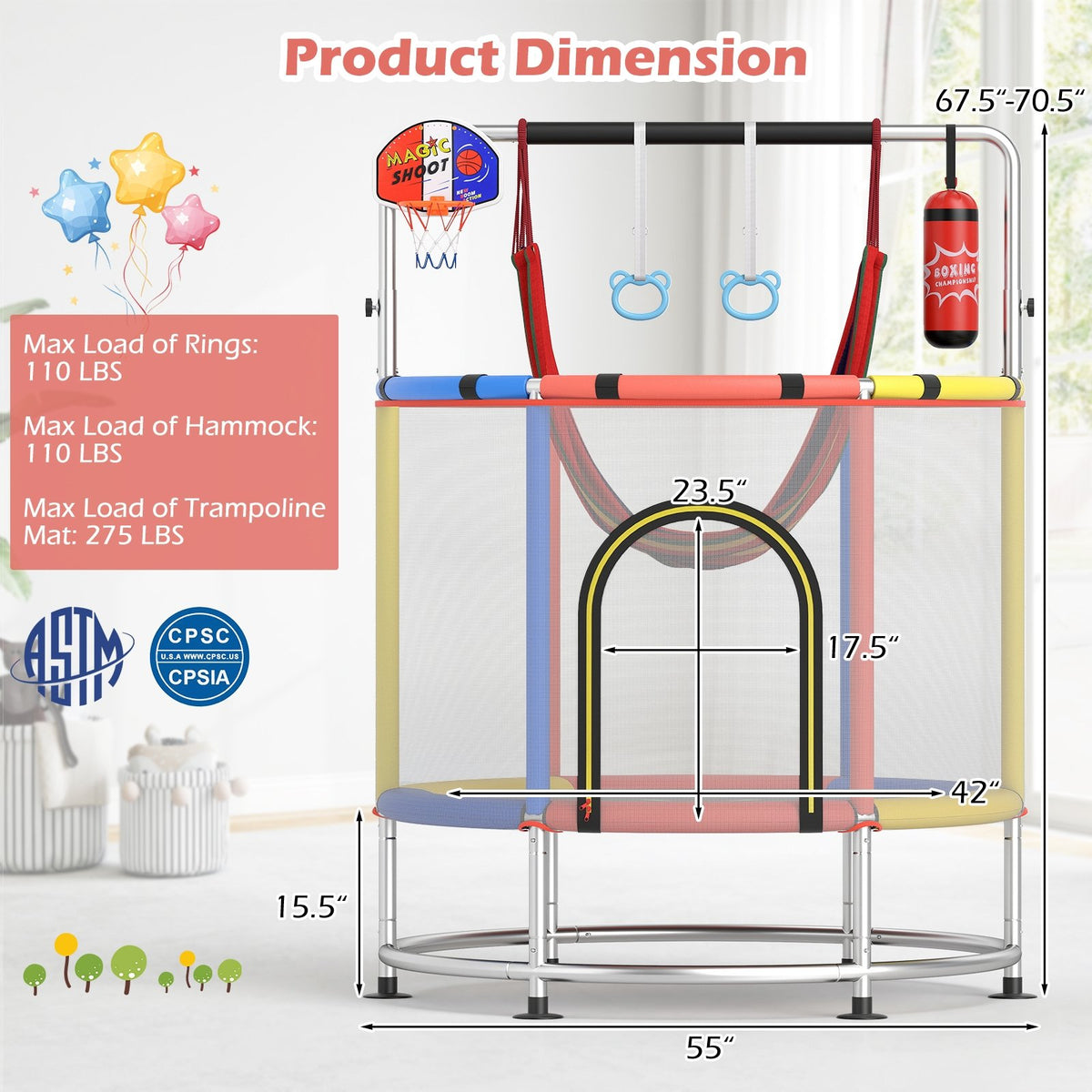 55 inches Kids Trampoline Gift for for 3-6 Years Old Boys and Girls-Red view 3