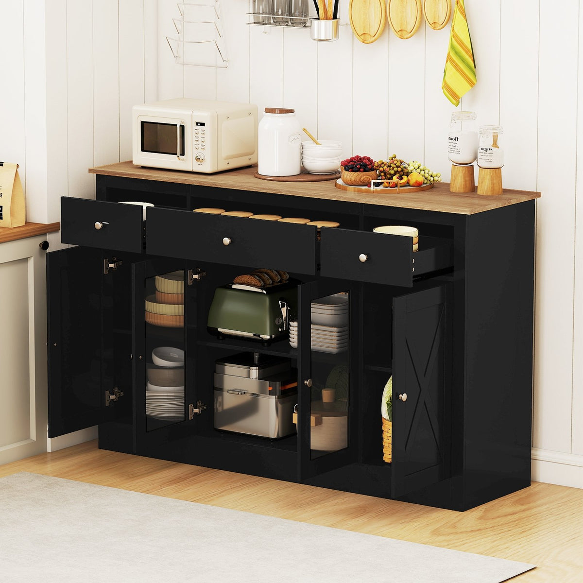 55 inches Large Buffet Sideboard Kitchen Storage Cabinet with 3 Drawers 2 See-through Doors Adjustable Shelves Wine Bar Table-Black view 3