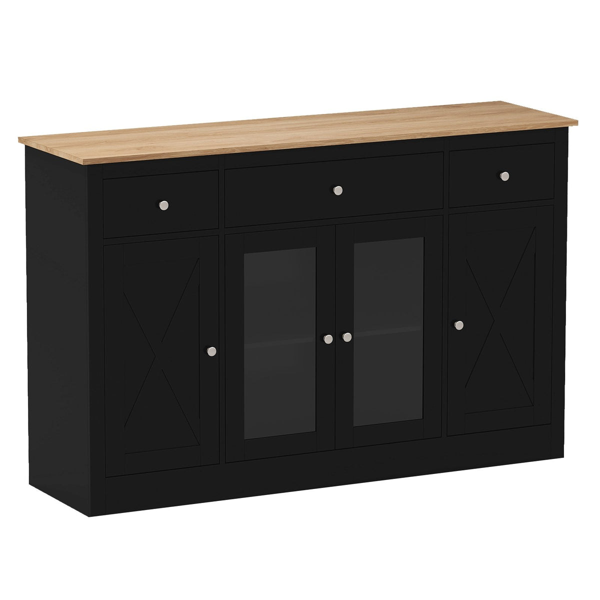 55 inches Large Buffet Sideboard Kitchen Storage Cabinet with 3 Drawers 2 See-through Doors Adjustable Shelves Wine Bar Table-Black view 4