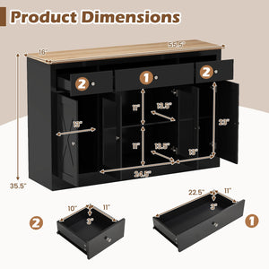 55 inches Large Buffet Sideboard Kitchen Storage Cabinet with 3 Drawers 2 See-through Doors Adjustable Shelves Wine Bar Table-Black view 5