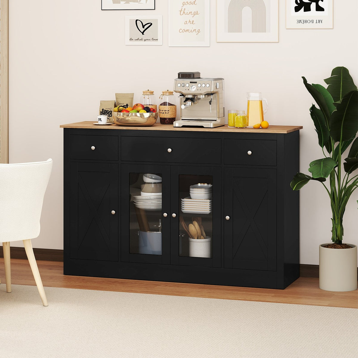 55 inches Large Buffet Sideboard Kitchen Storage Cabinet with 3 Drawers 2 See-through Doors Adjustable Shelves Wine Bar Table-Black view 6