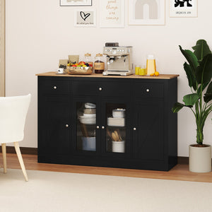 55 inches Large Buffet Sideboard Kitchen Storage Cabinet with 3 Drawers 2 See-through Doors Adjustable Shelves Wine Bar Table-Black view 6