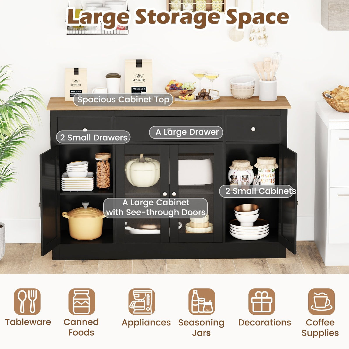 55 inches Large Buffet Sideboard Kitchen Storage Cabinet with 3 Drawers 2 See-through Doors Adjustable Shelves Wine Bar Table-Black view 7