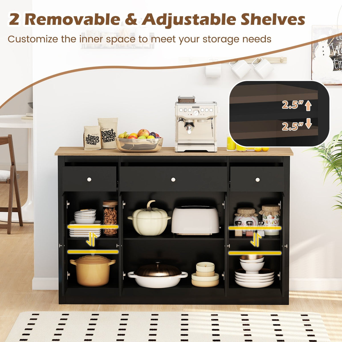 55 inches Large Buffet Sideboard Kitchen Storage Cabinet with 3 Drawers 2 See-through Doors Adjustable Shelves Wine Bar Table-Black view 8