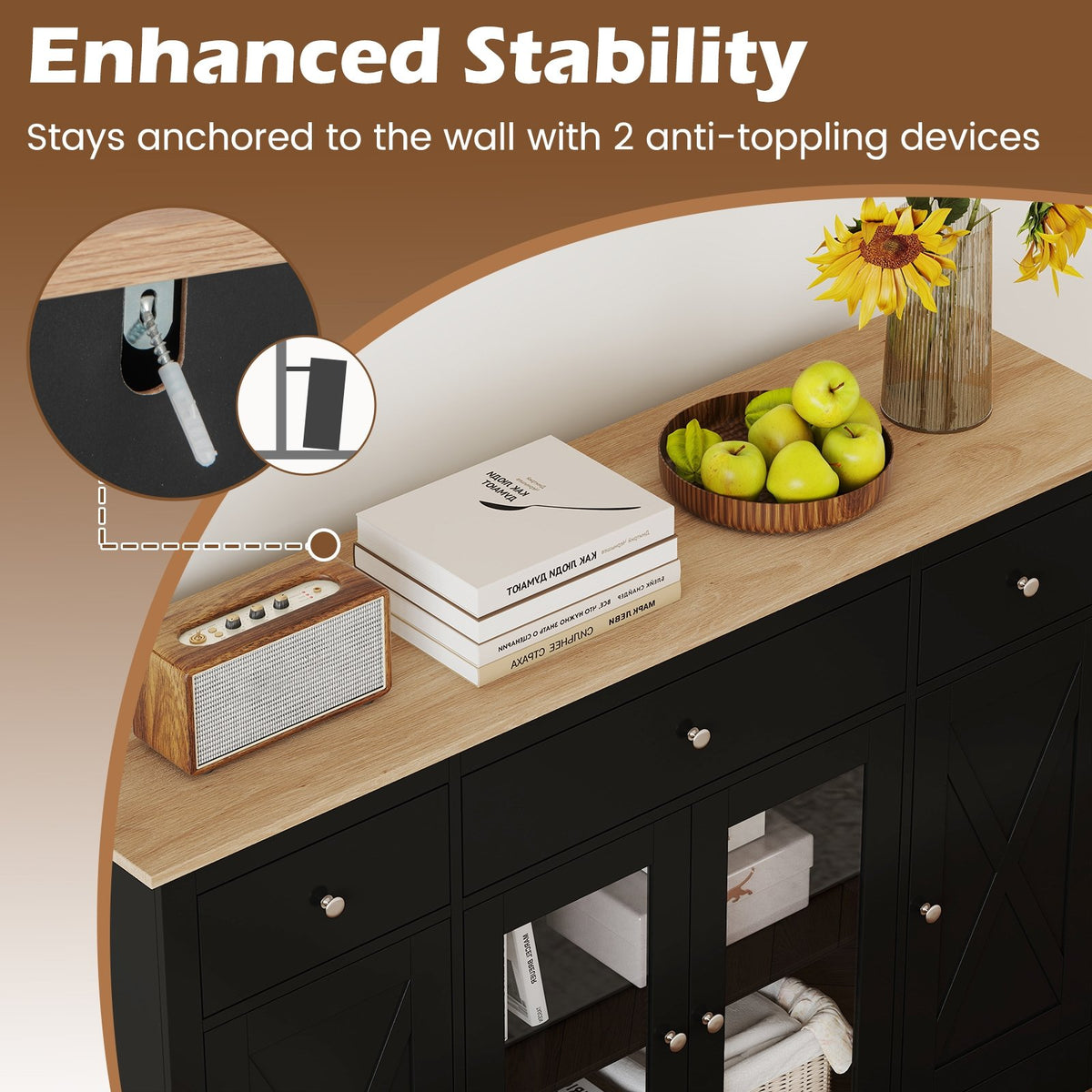 55 inches Large Buffet Sideboard Kitchen Storage Cabinet with 3 Drawers 2 See-through Doors Adjustable Shelves Wine Bar Table-Black view 9