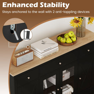 55 inches Large Buffet Sideboard Kitchen Storage Cabinet with 3 Drawers 2 See-through Doors Adjustable Shelves Wine Bar Table-Black view 9