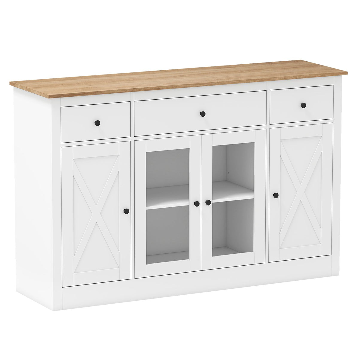 55 inches Large Buffet Sideboard Kitchen Storage Cabinet with 3 Drawers 2 See-through Doors Adjustable Shelves Wine Bar Table-White
