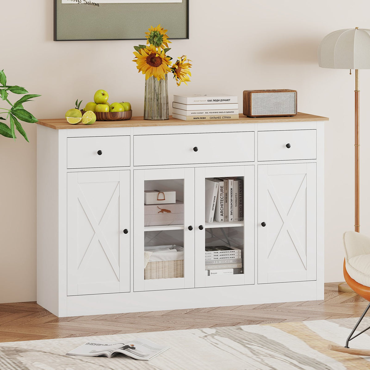 55 inches Large Buffet Sideboard Kitchen Storage Cabinet with 3 Drawers 2 See-through Doors Adjustable Shelves Wine Bar Table-White view 2