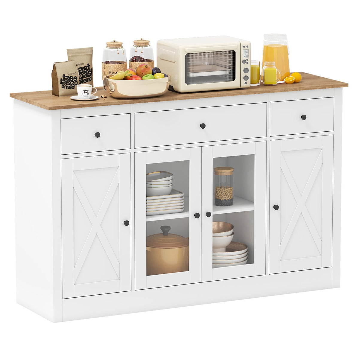 55 inches Large Buffet Sideboard Kitchen Storage Cabinet with 3 Drawers 2 See-through Doors Adjustable Shelves Wine Bar Table-White view 4