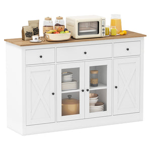 55 inches Large Buffet Sideboard Kitchen Storage Cabinet with 3 Drawers 2 See-through Doors Adjustable Shelves Wine Bar Table-White view 4