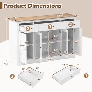 55 inches Large Buffet Sideboard Kitchen Storage Cabinet with 3 Drawers 2 See-through Doors Adjustable Shelves Wine Bar Table-White view 5
