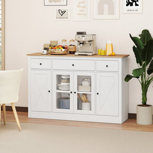 55 inches Large Buffet Sideboard Kitchen Storage Cabinet with 3 Drawers 2 See-through Doors Adjustable Shelves Wine Bar Table-White view 6