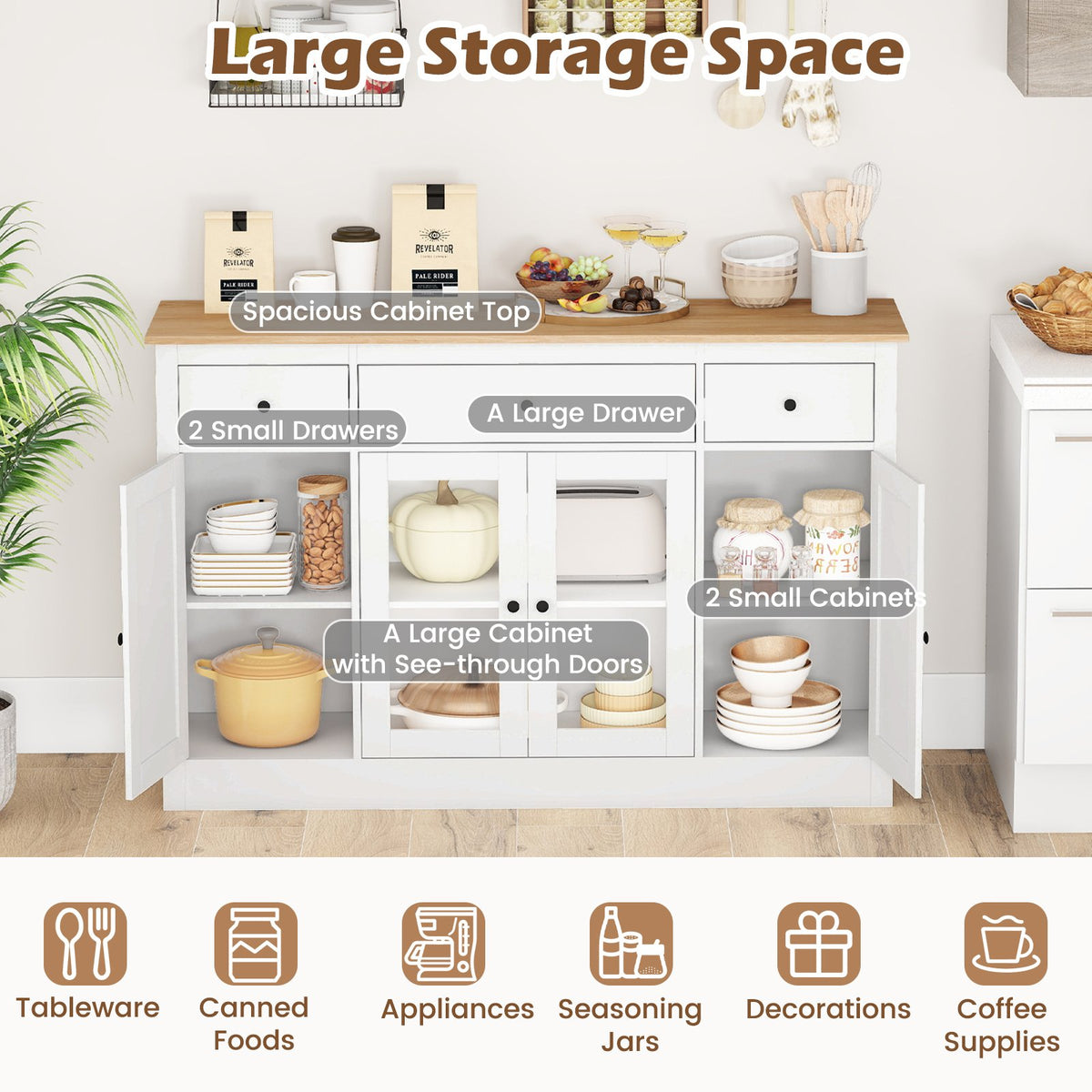 55 inches Large Buffet Sideboard Kitchen Storage Cabinet with 3 Drawers 2 See-through Doors Adjustable Shelves Wine Bar Table-White view 7