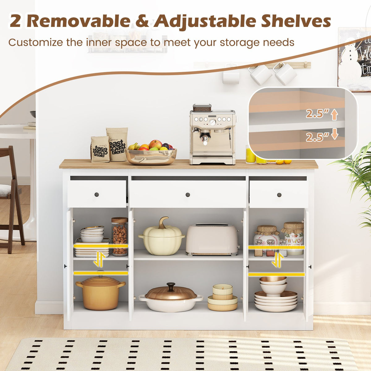55 inches Large Buffet Sideboard Kitchen Storage Cabinet with 3 Drawers 2 See-through Doors Adjustable Shelves Wine Bar Table-White view 8