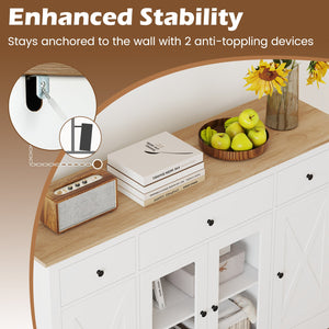 55 inches Large Buffet Sideboard Kitchen Storage Cabinet with 3 Drawers 2 See-through Doors Adjustable Shelves Wine Bar Table-White view 9