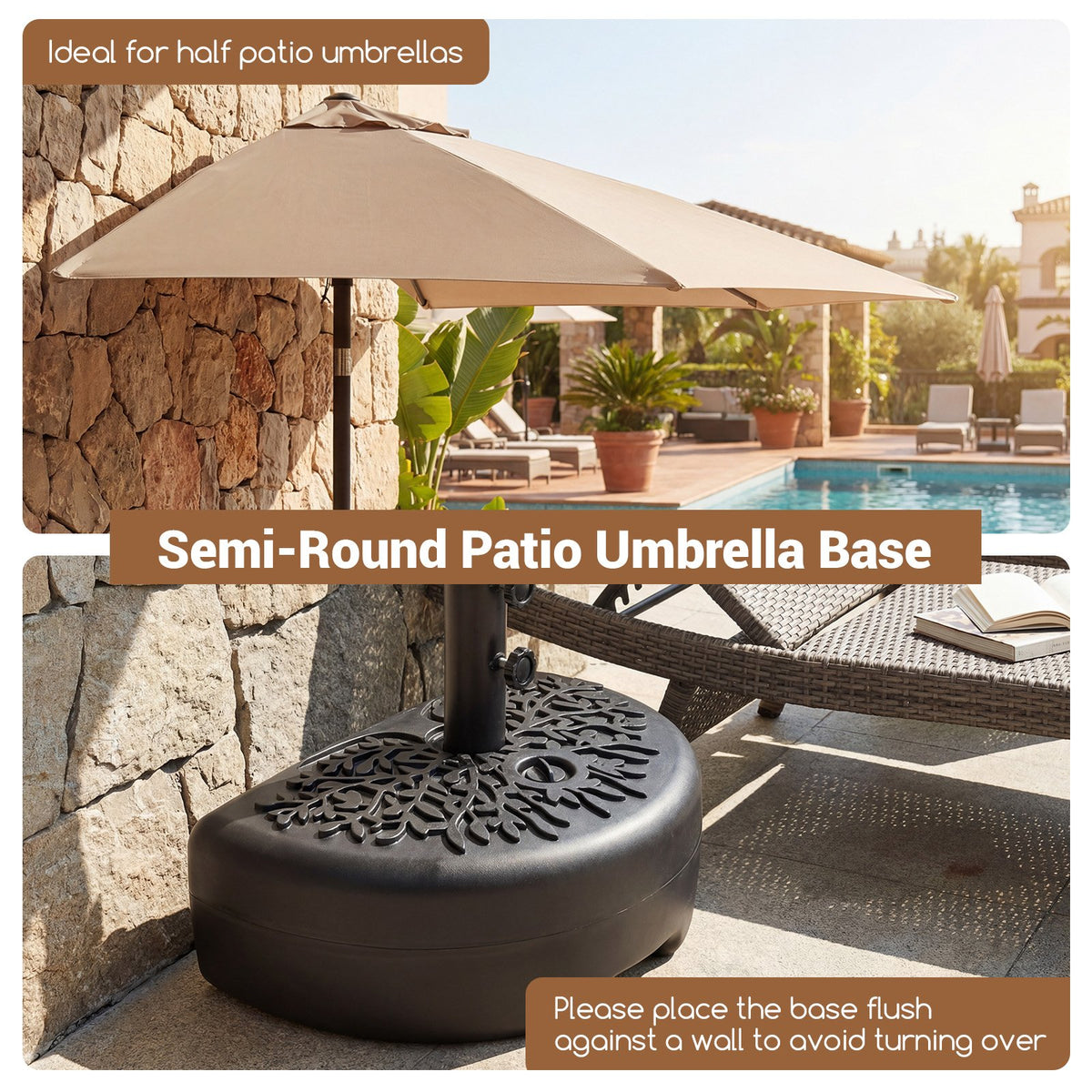 55 LBS Half Round Patio Umbrella Base, for Deck Lawn Poolside-Black view 6