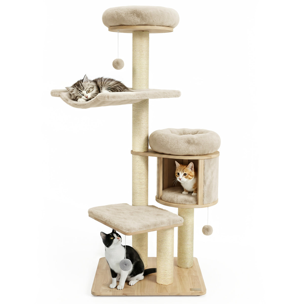 55 inches Solid Rubber Wood Cat Tree with Condo & Hammock and Scratching Posts for Adult Cats-Beige