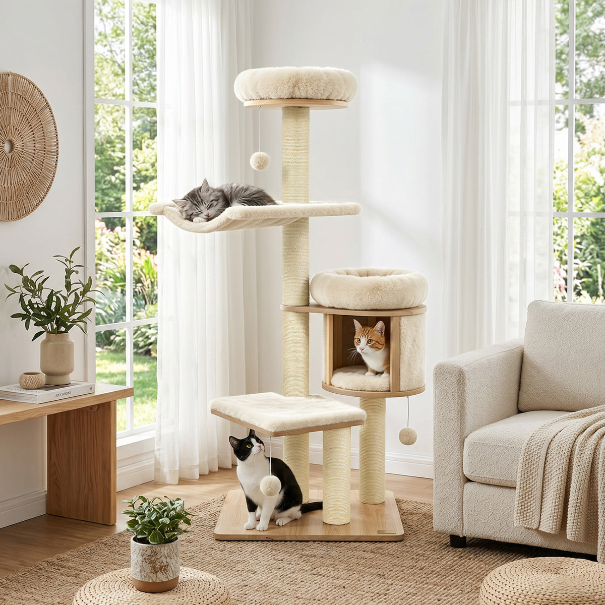 55 inches Solid Rubber Wood Cat Tree with Condo & Hammock and Scratching Posts for Adult Cats-Beige view 2