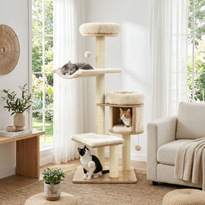 55 inches Solid Rubber Wood Cat Tree with Condo & Hammock and Scratching Posts for Adult Cats-Beige view 2