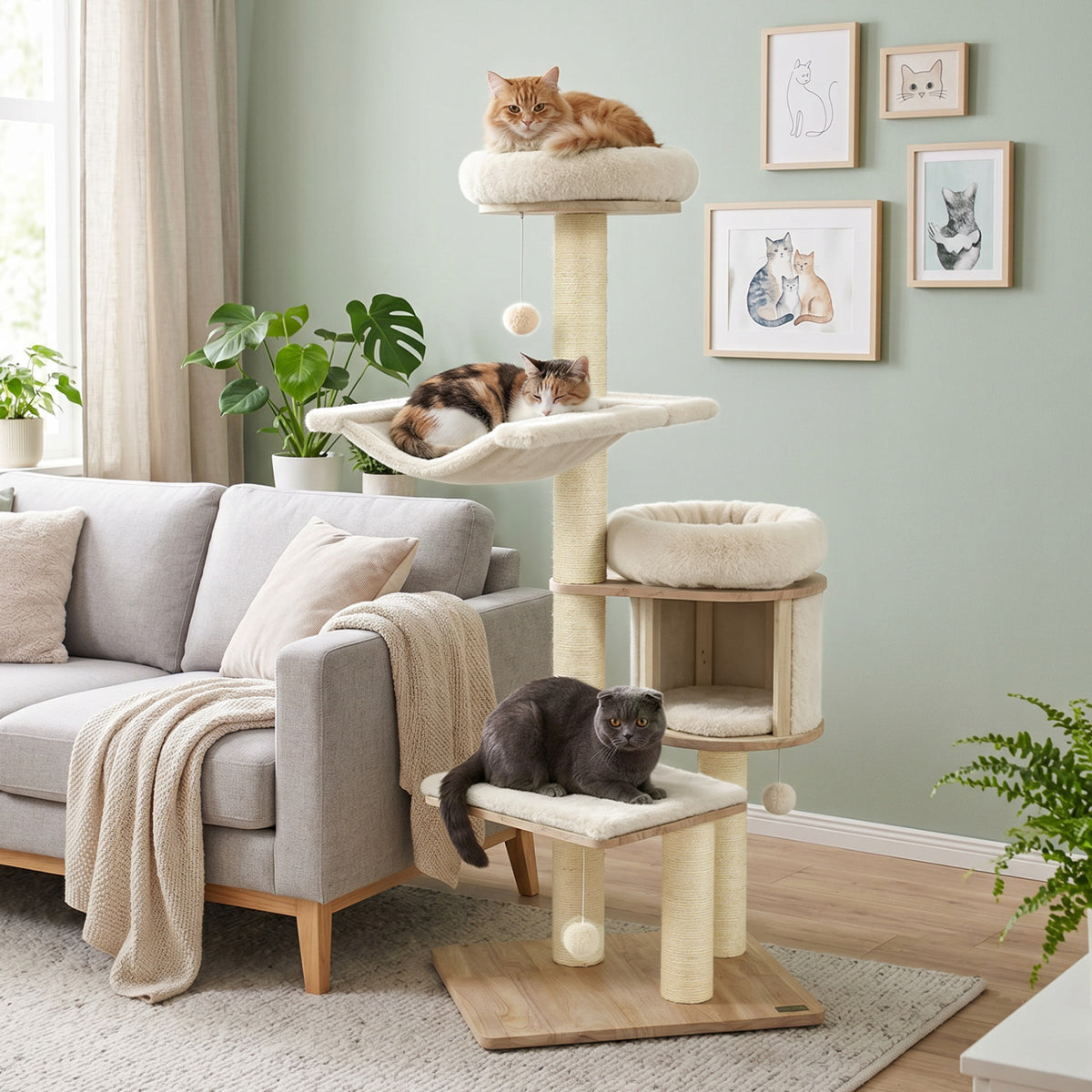 55 inches Solid Rubber Wood Cat Tree with Condo & Hammock and Scratching Posts for Adult Cats-Beige view 3