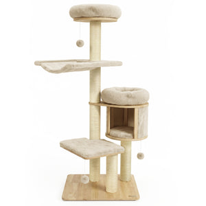 55 inches Solid Rubber Wood Cat Tree with Condo & Hammock and Scratching Posts for Adult Cats-Beige view 4