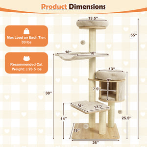 55 inches Solid Rubber Wood Cat Tree with Condo & Hammock and Scratching Posts for Adult Cats-Beige view 5