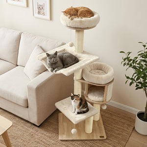55 inches Solid Rubber Wood Cat Tree with Condo & Hammock and Scratching Posts for Adult Cats-Beige view 6