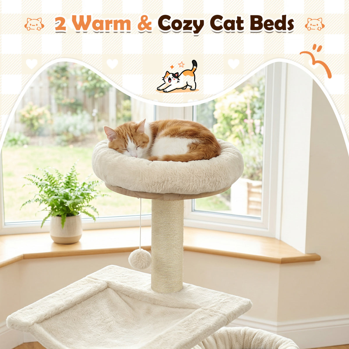 55 inches Solid Rubber Wood Cat Tree with Condo & Hammock and Scratching Posts for Adult Cats-Beige view 7