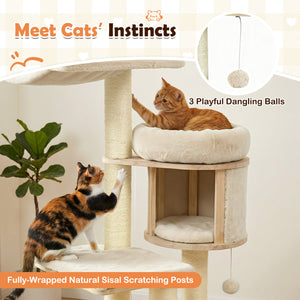 55 inches Solid Rubber Wood Cat Tree with Condo & Hammock and Scratching Posts for Adult Cats-Beige view 8
