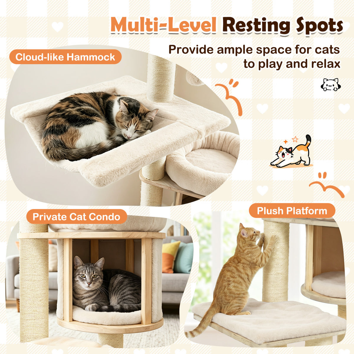 55 inches Solid Rubber Wood Cat Tree with Condo & Hammock and Scratching Posts for Adult Cats-Beige view 9