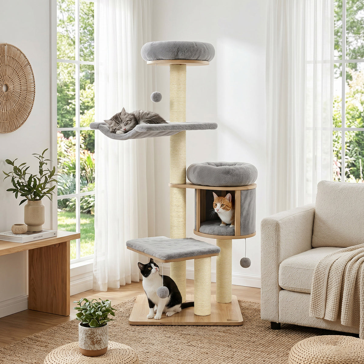 55 inches Solid Rubber Wood Cat Tree with Condo & Hammock and Scratching Posts for Adult Cats-Gray view 2