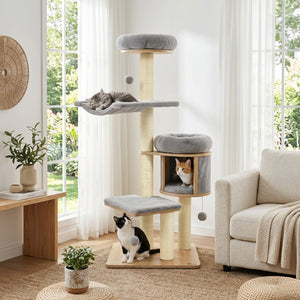 55 inches Solid Rubber Wood Cat Tree with Condo & Hammock and Scratching Posts for Adult Cats-Gray view 2
