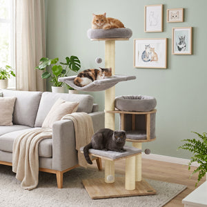 55 inches Solid Rubber Wood Cat Tree with Condo & Hammock and Scratching Posts for Adult Cats-Gray view 3
