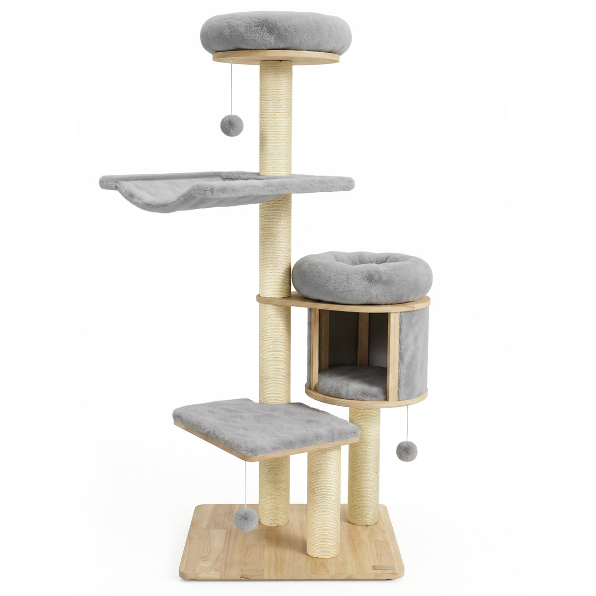 55 inches Solid Rubber Wood Cat Tree with Condo & Hammock and Scratching Posts for Adult Cats-Gray view 4