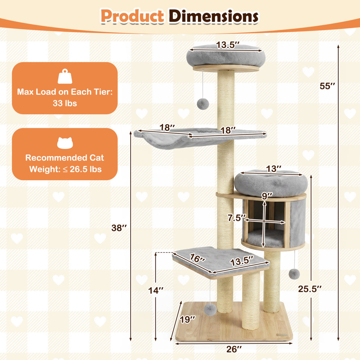 55 inches Solid Rubber Wood Cat Tree with Condo & Hammock and Scratching Posts for Adult Cats-Gray view 5
