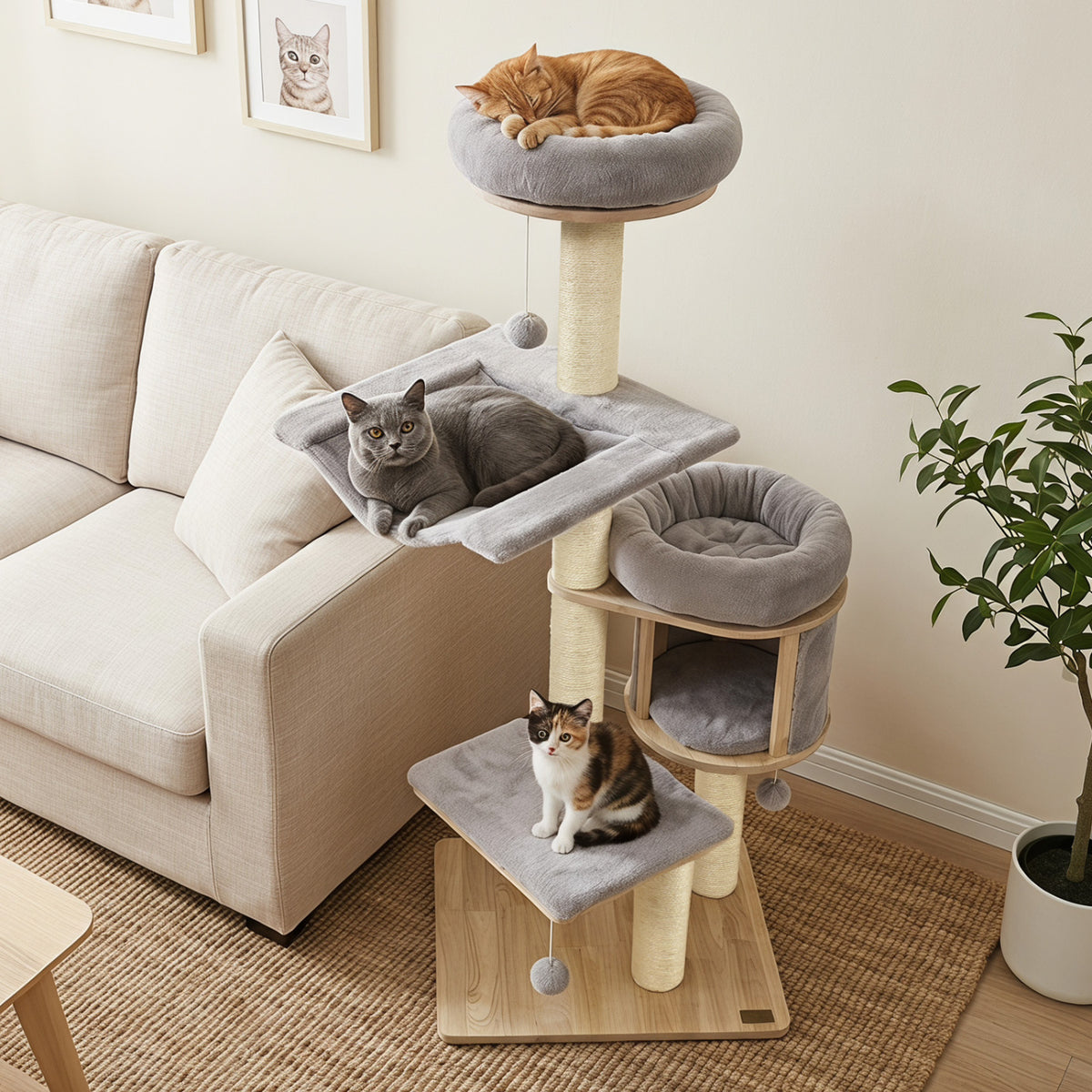 55 inches Solid Rubber Wood Cat Tree with Condo & Hammock and Scratching Posts for Adult Cats-Gray view 6