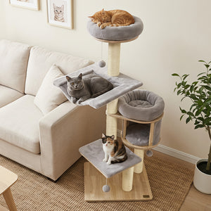 55 inches Solid Rubber Wood Cat Tree with Condo & Hammock and Scratching Posts for Adult Cats-Gray view 6