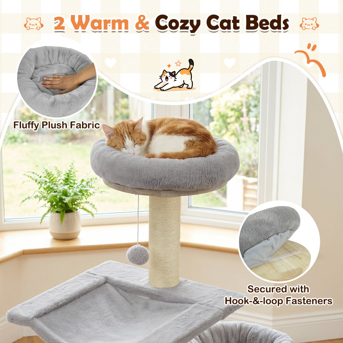 55 inches Solid Rubber Wood Cat Tree with Condo & Hammock and Scratching Posts for Adult Cats-Gray view 7