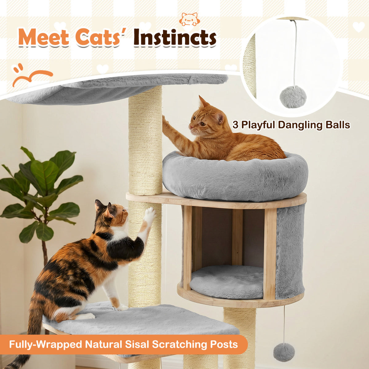 55 inches Solid Rubber Wood Cat Tree with Condo & Hammock and Scratching Posts for Adult Cats-Gray view 8