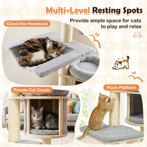 55 inches Solid Rubber Wood Cat Tree with Condo & Hammock and Scratching Posts for Adult Cats-Gray view 9
