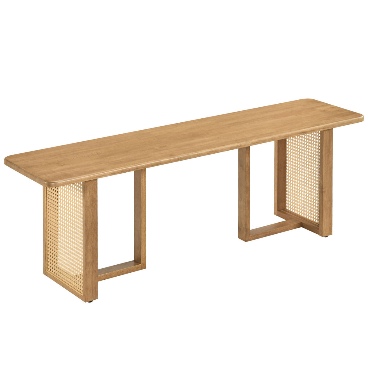 55 inches Solid Rubber Wood Dining Bench with Rattan Legs-Natural