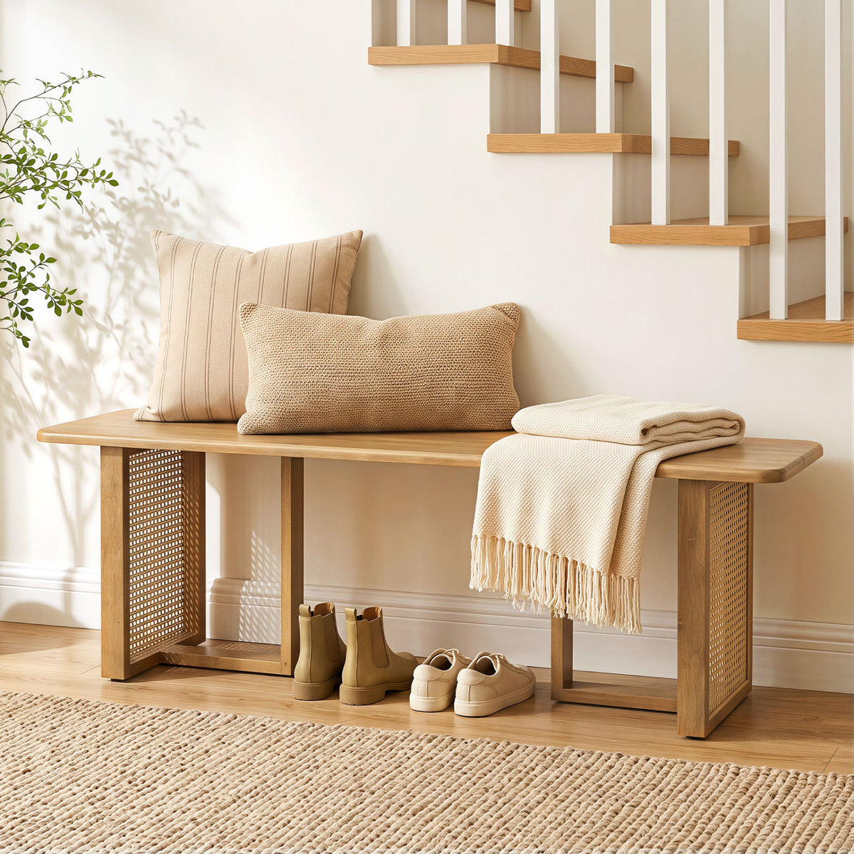 55 inches Solid Rubber Wood Dining Bench with Rattan Legs-Natural view 2